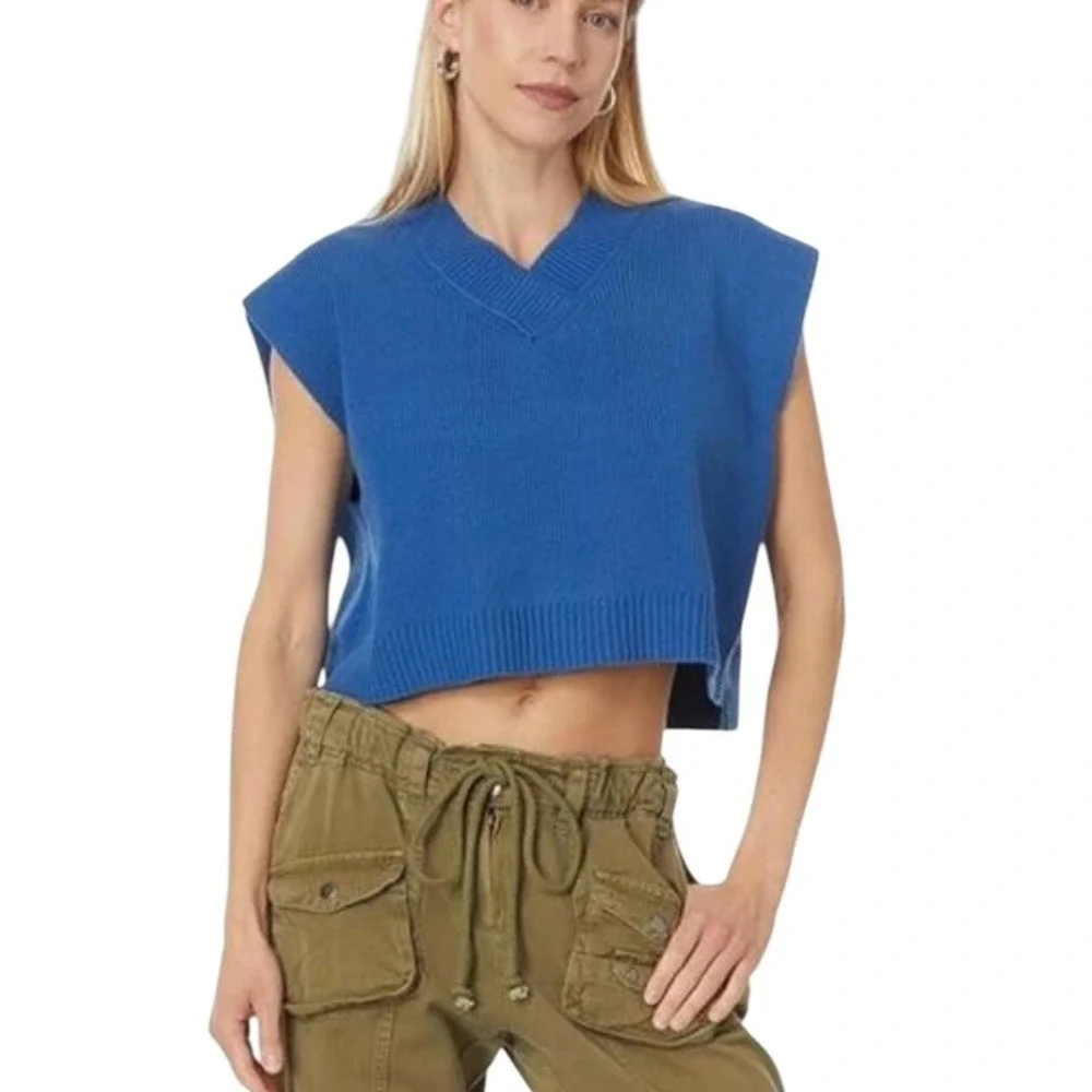 Free People Easy Street Sweater Vest Cobalt Blue Ribbed V-Neck XS OB1751760 - Picture 11 of 11